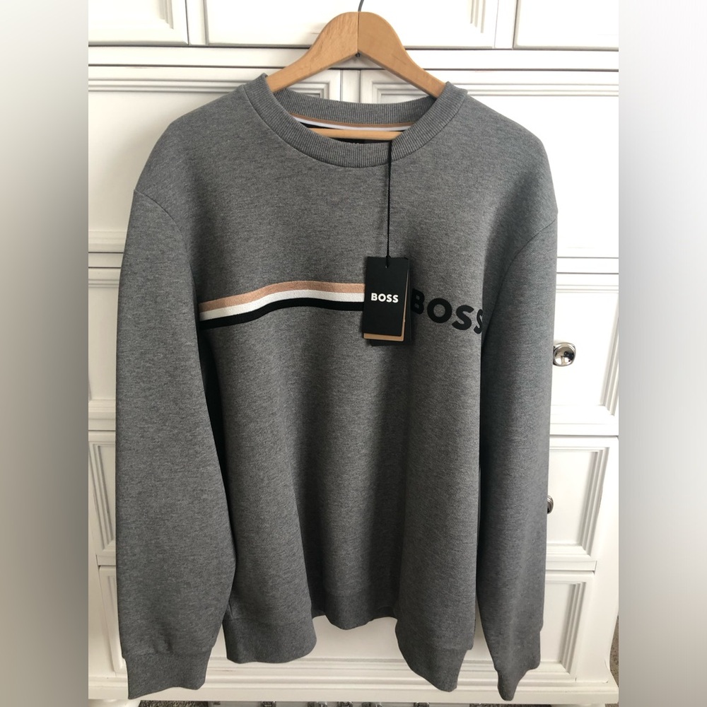 BOSS Grey Crewneck Sweatshirt with Tan, White & Black Stripes